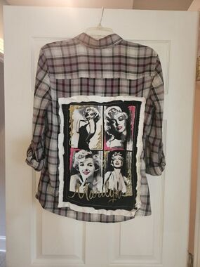 Upcyclef Marilyn Graphic Plaid Button-Up Shirt - Pink/Gray